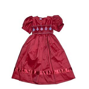 Cindy’s Christmas ornaments red smocked puff sleeves pageant party dress 6